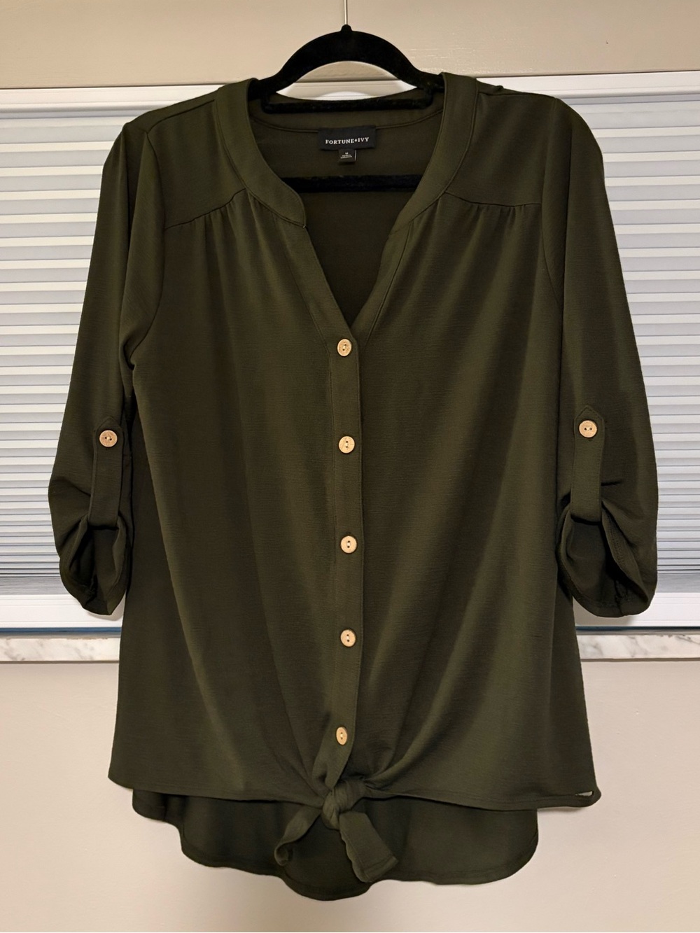 Fortune + Ivy Olive Tie-Front Button Down Shirt